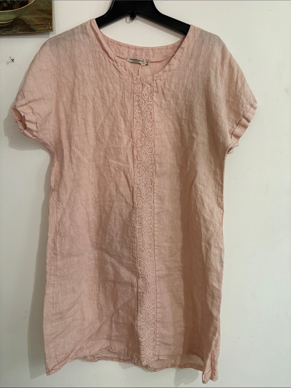 NWOT Valentina Naldi Light Pink 100% Linen Tunic with Embroidered Front Lsz